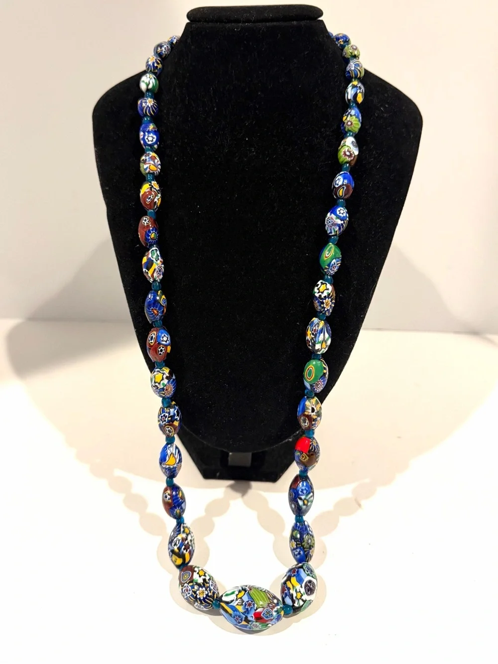 Millefiori Murano Glass Bead Necklace Long Graduated Multicolor Floral Statement